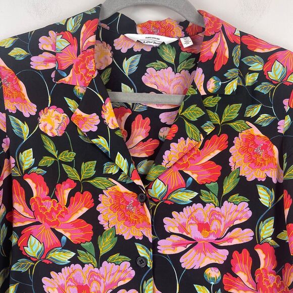 & Other Stories Paris Atelier Top Womens 4 Black Peony Print Short Sleeve Bloom - Picture 3 of 8